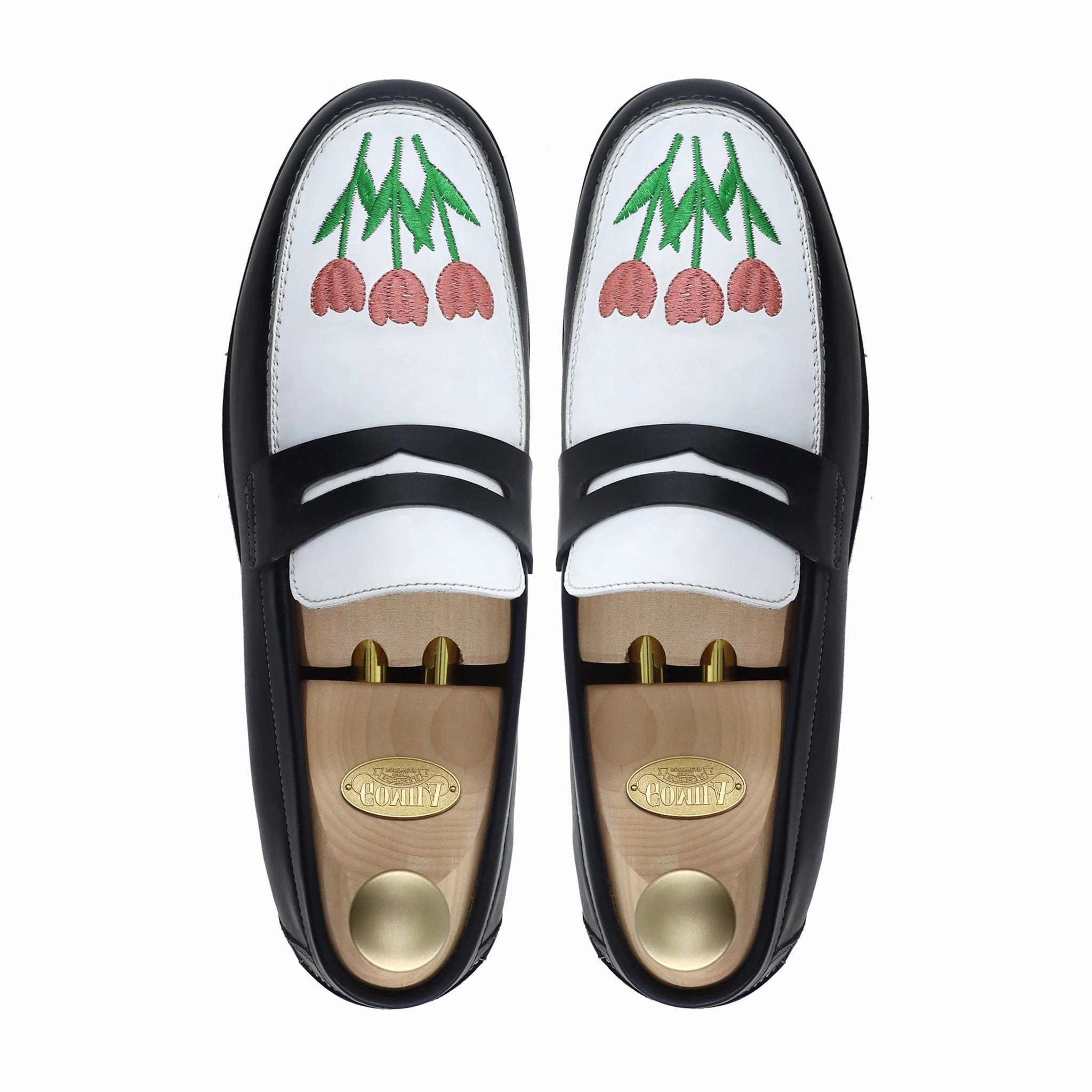 Bread Loafers Boulia - Men's Black and White Calf Leather Loafer (Tulip Embroidery)