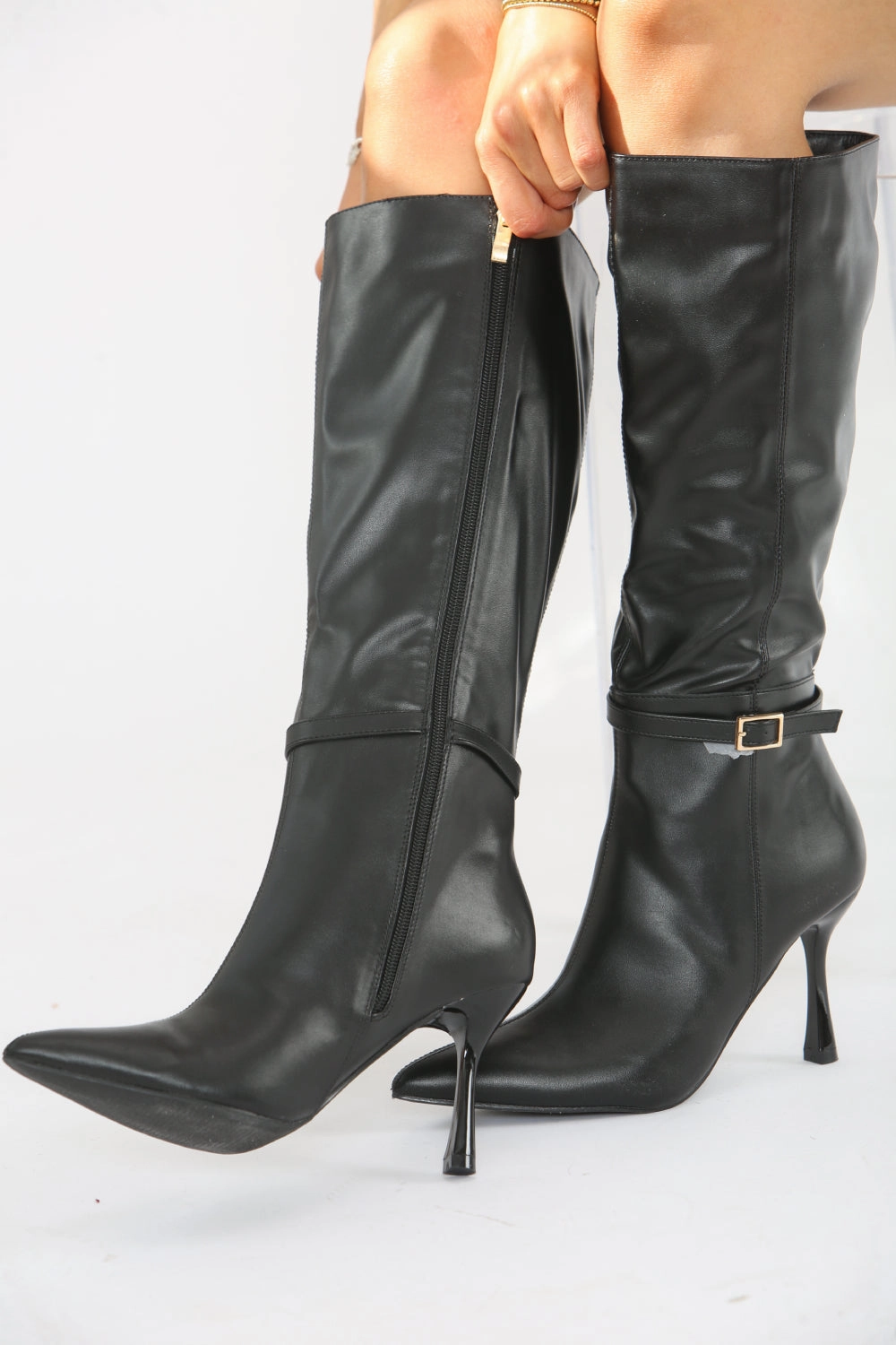 Buckle Detail Stiletto Heel Pointed Toe Knee High Boots In Black (PACK A) Knee High Jazz Boots