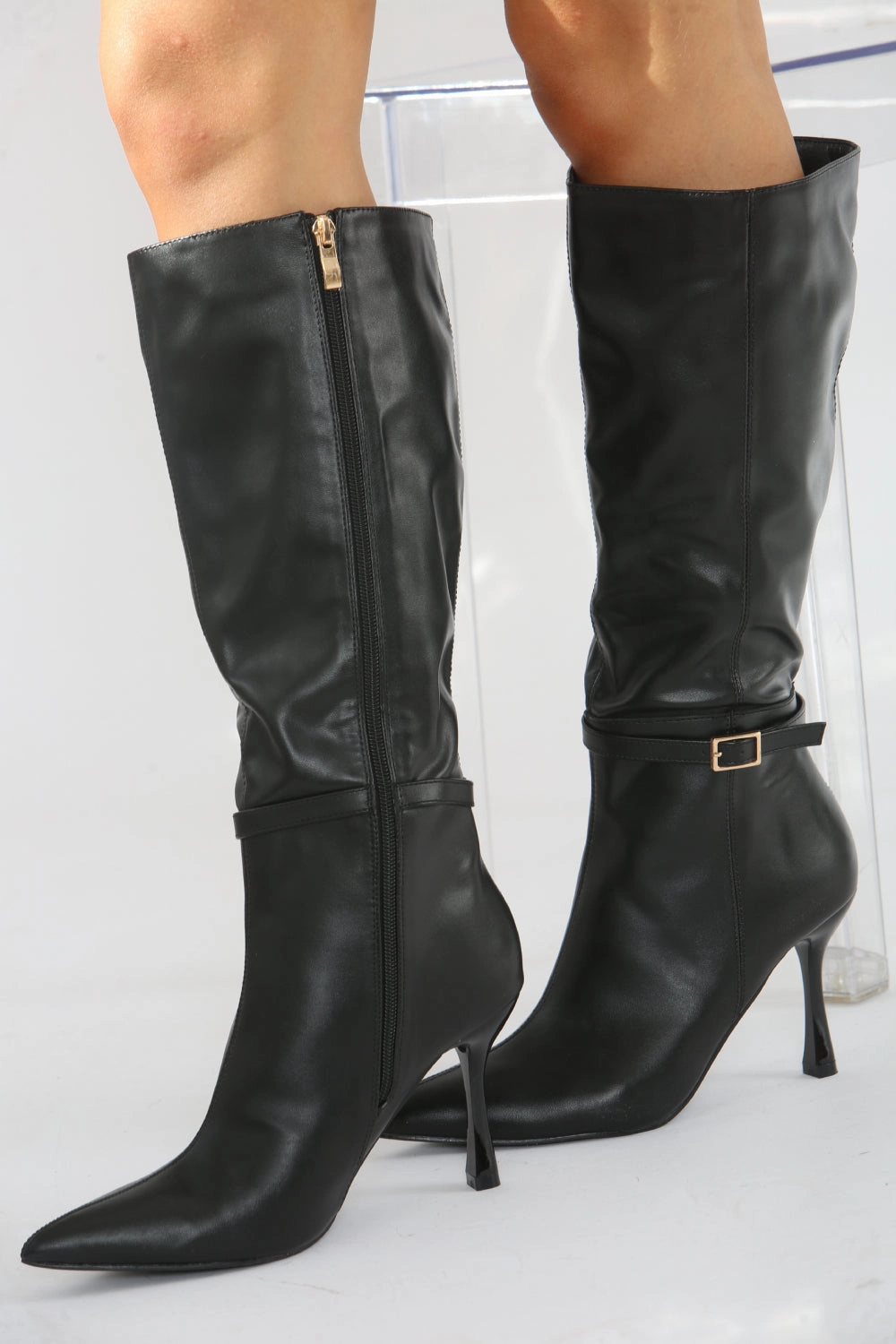 Brown Over Knee High Boots Buckle Detail Stiletto Heel Pointed Toe Knee High Boots In Black (PACK A)