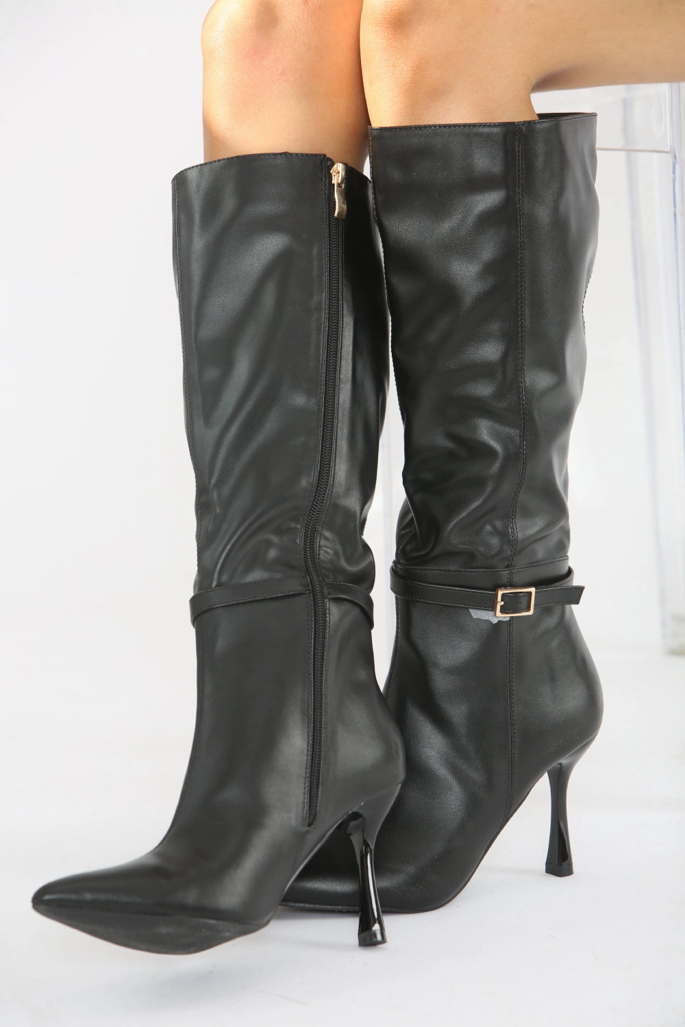 Buckle Detail Stiletto Heel Pointed Toe Knee High Boots In Black (PACK A) Dirty Laundry Knee High Boots