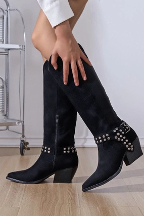 BLACK SUEDE BLOCK HEEL BUCKLE DETAIL COWBOY BIKER KNEE HIGH BOOTS Rancho Boots