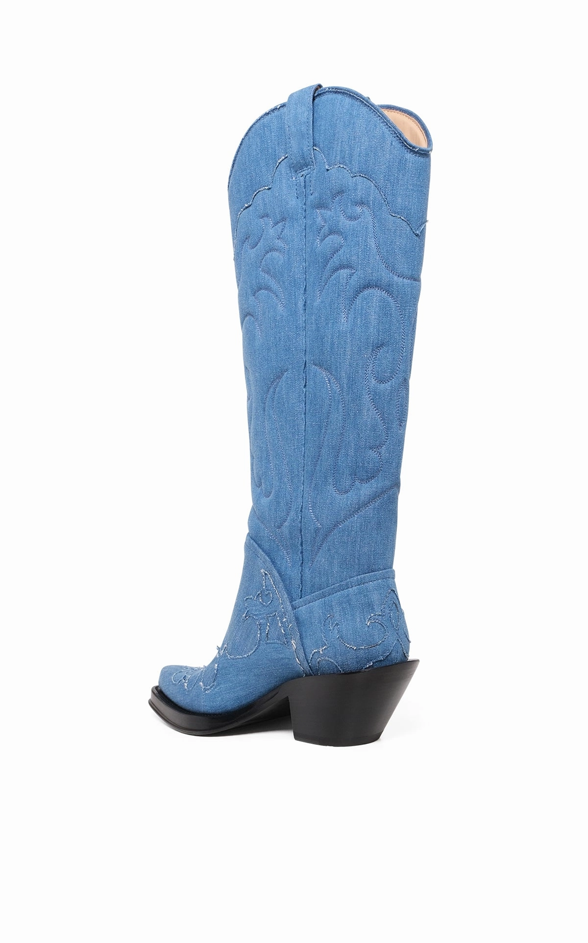 Mou Mou Boots Capitana Cowboy Boot in Light Blue Recycled Cotton Linen Denim