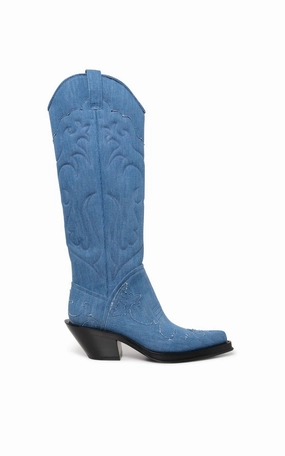 Capitana Cowboy Boot in Light Blue Recycled Cotton Linen Denim Custom Boots Near Me