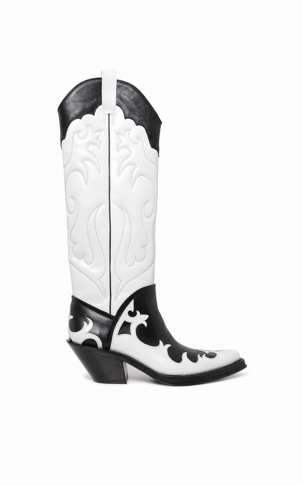 Wide Calf Kitten Heel Boots Capitana Cowboy Boot in White & Black Pearlized Leather