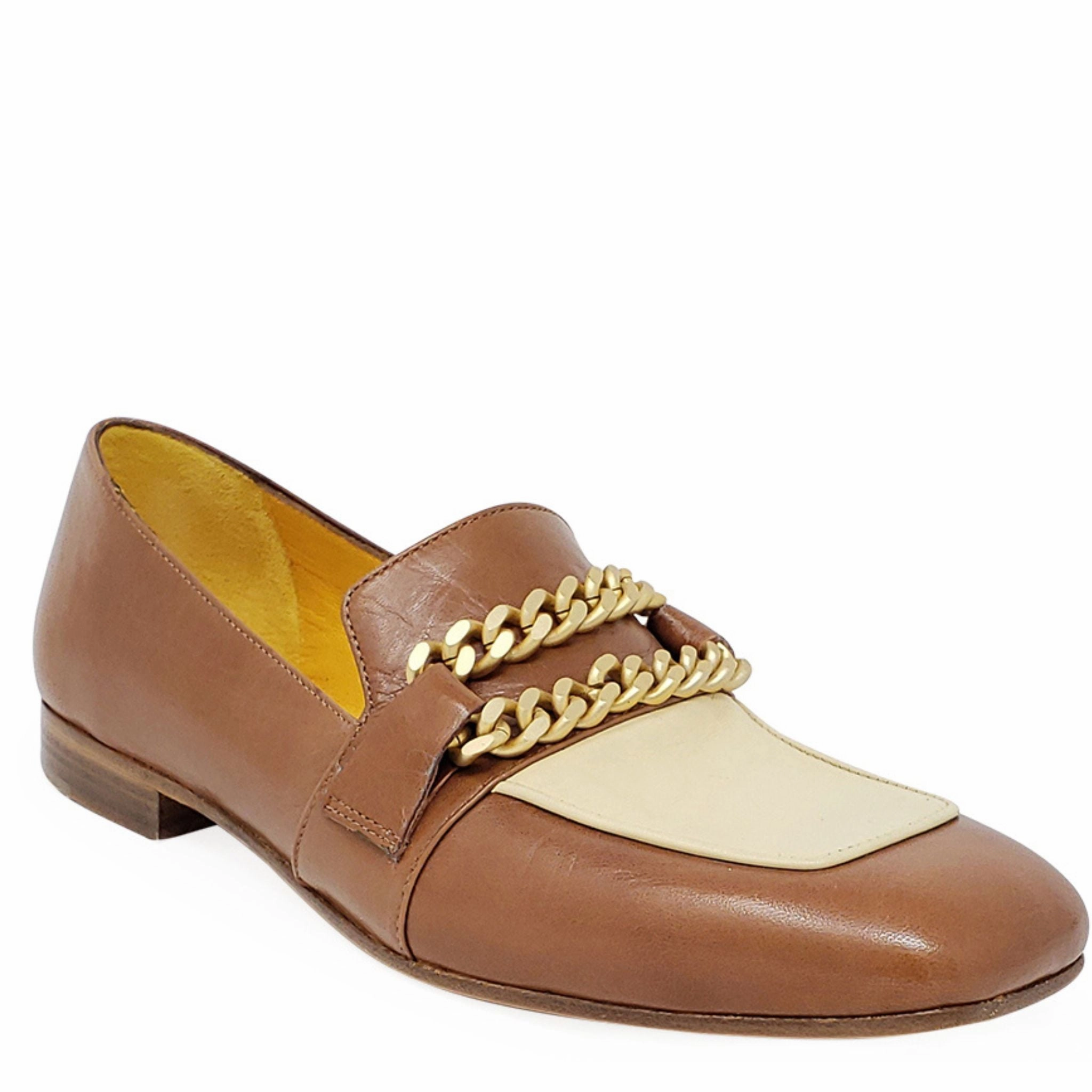 Leather Oxfords Shoes Flat Loafer Tan/Cream