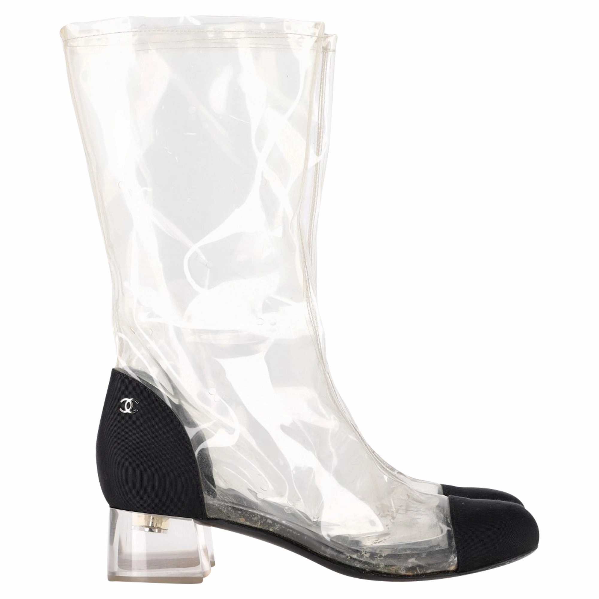 Sorel Chukka Boots Chanel CC Grosgrain Cap Toe Mid-Calf Boots in White PVC
