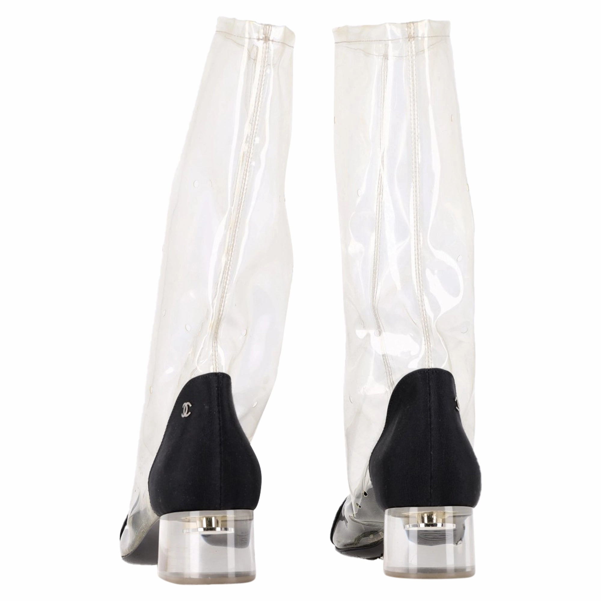 Boots Motorcycle Riding Chanel CC Grosgrain Cap Toe Mid-Calf Boots in White PVC