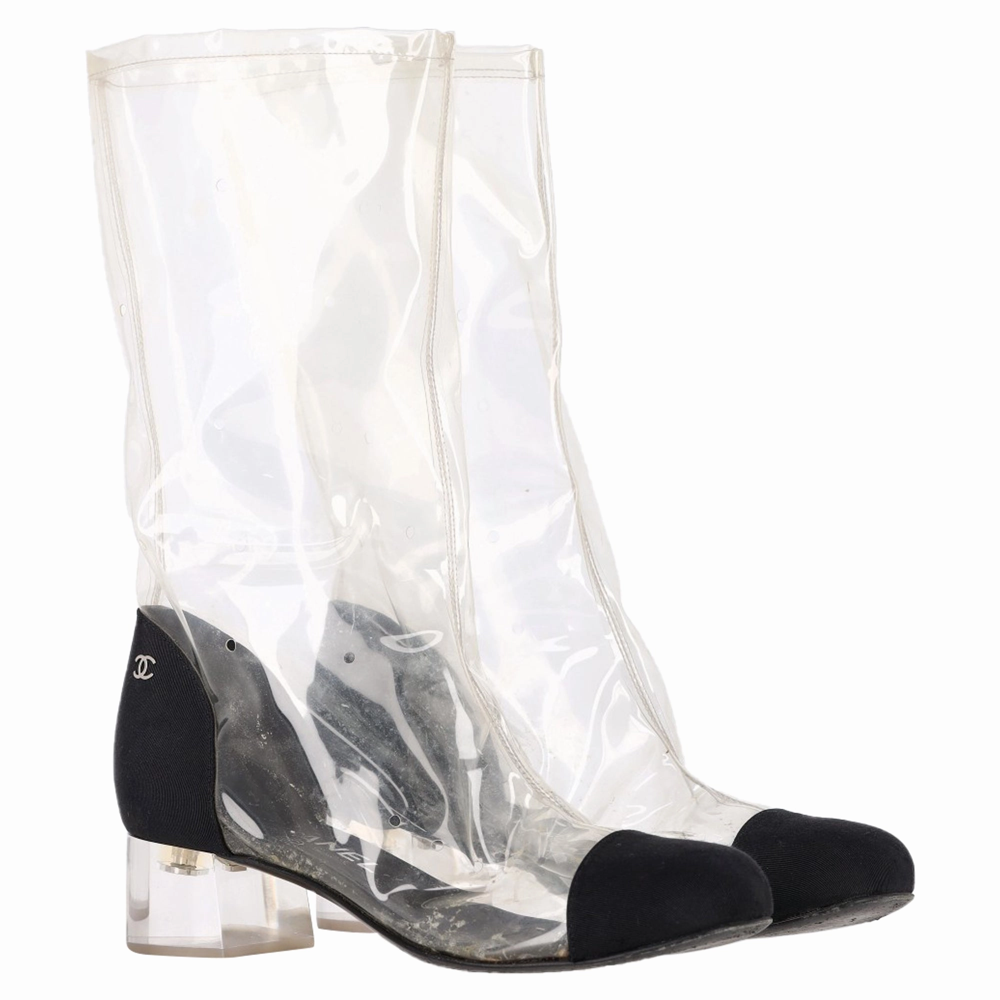 Boys Desert Boots Chanel CC Grosgrain Cap Toe Mid-Calf Boots in White PVC