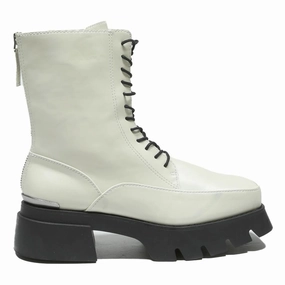 CHARLES & KEITH Womens Ankle Lace-Up Boots White Leather UK 5 Chunky Sole Equestrian Boots