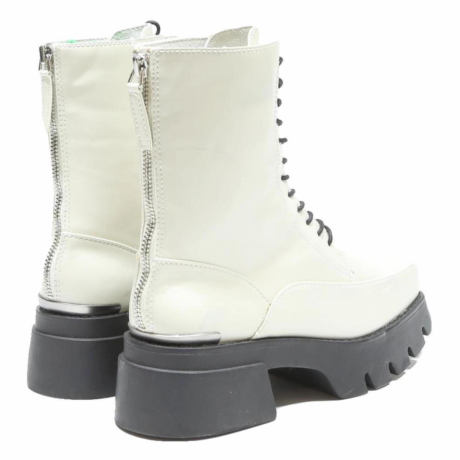 CHARLES & KEITH Womens Lace-Up Ankle Boots White Leather UK 3 Chunky Sole Fur Lined Snow Boots
