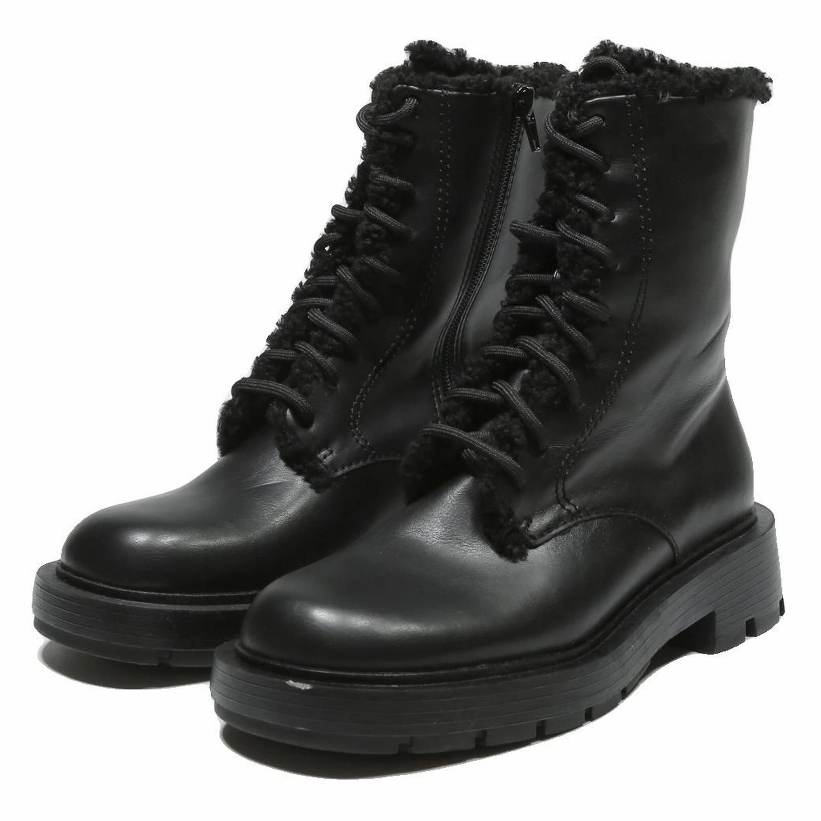 CHARLES & KEITH Womens Leather Black Ankle Boots UK 3 Lace-Up Thick Sole Comfort Laced Boots