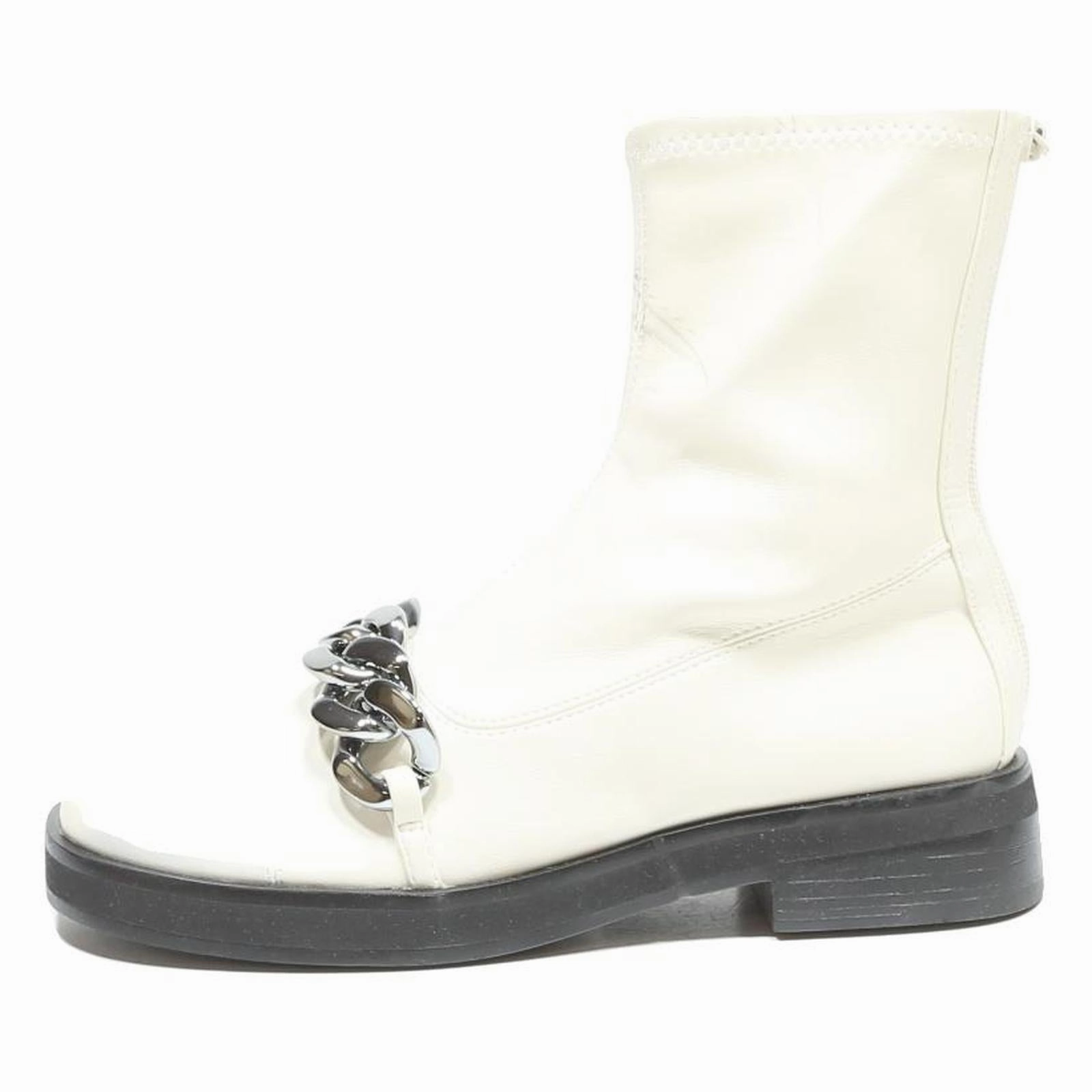 CHARLES & KEITH Womens White Leather Ankle Boots UK 2 Chain Detail Zipper Glove Boots