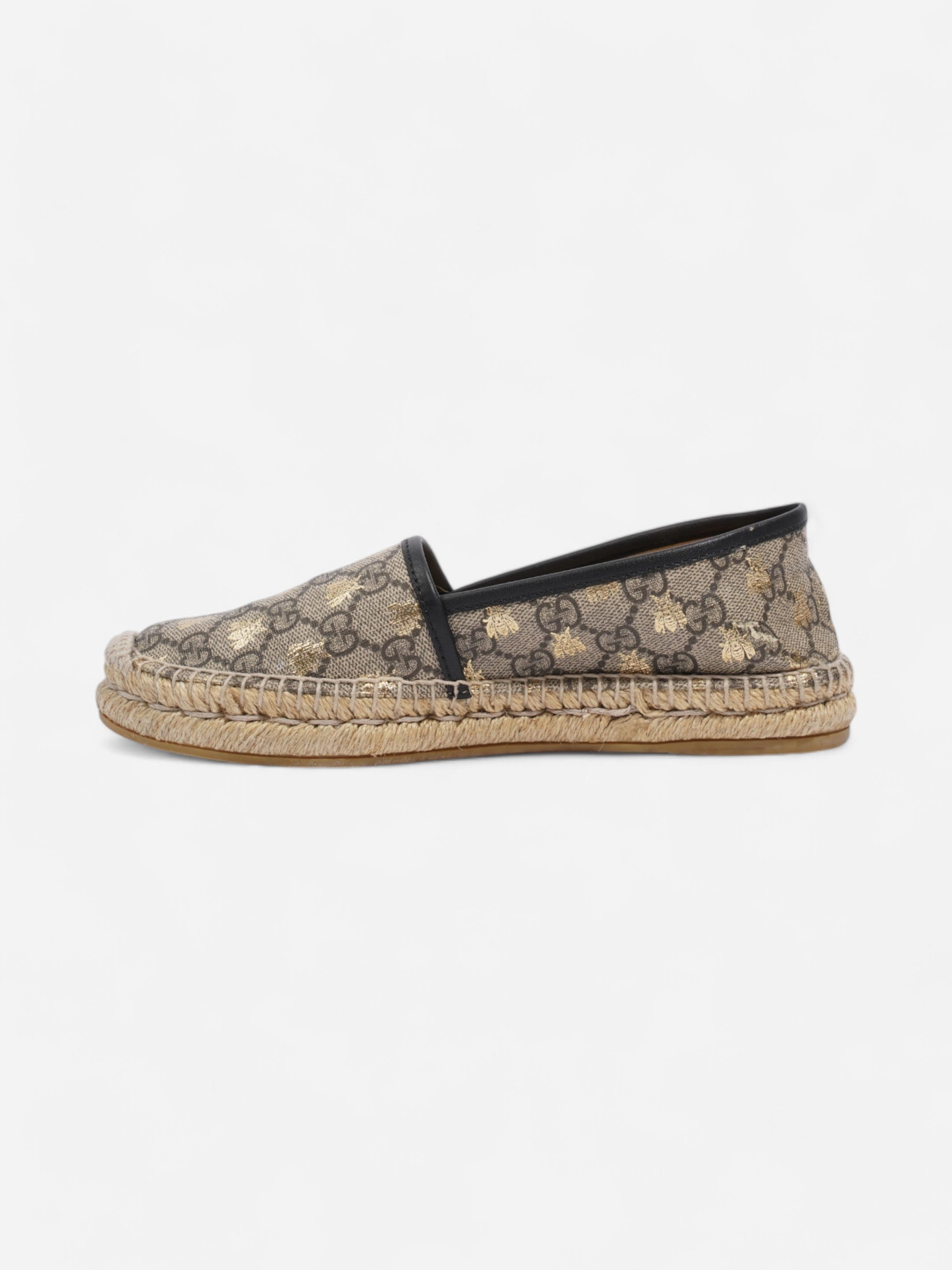 Santiago Mule Espadrille Gucci GG Supreme Bee Espadrille Beige  / Gold / Black Coated Canvas EU 37.5 UK 4.5