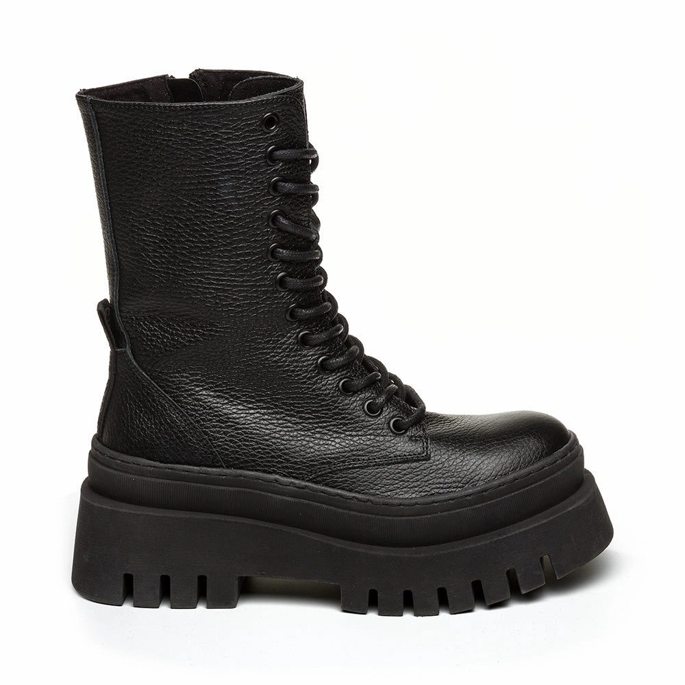 Coast Boot BLACK LEATHER Combat Heel Boots That Goes Up To The Shins