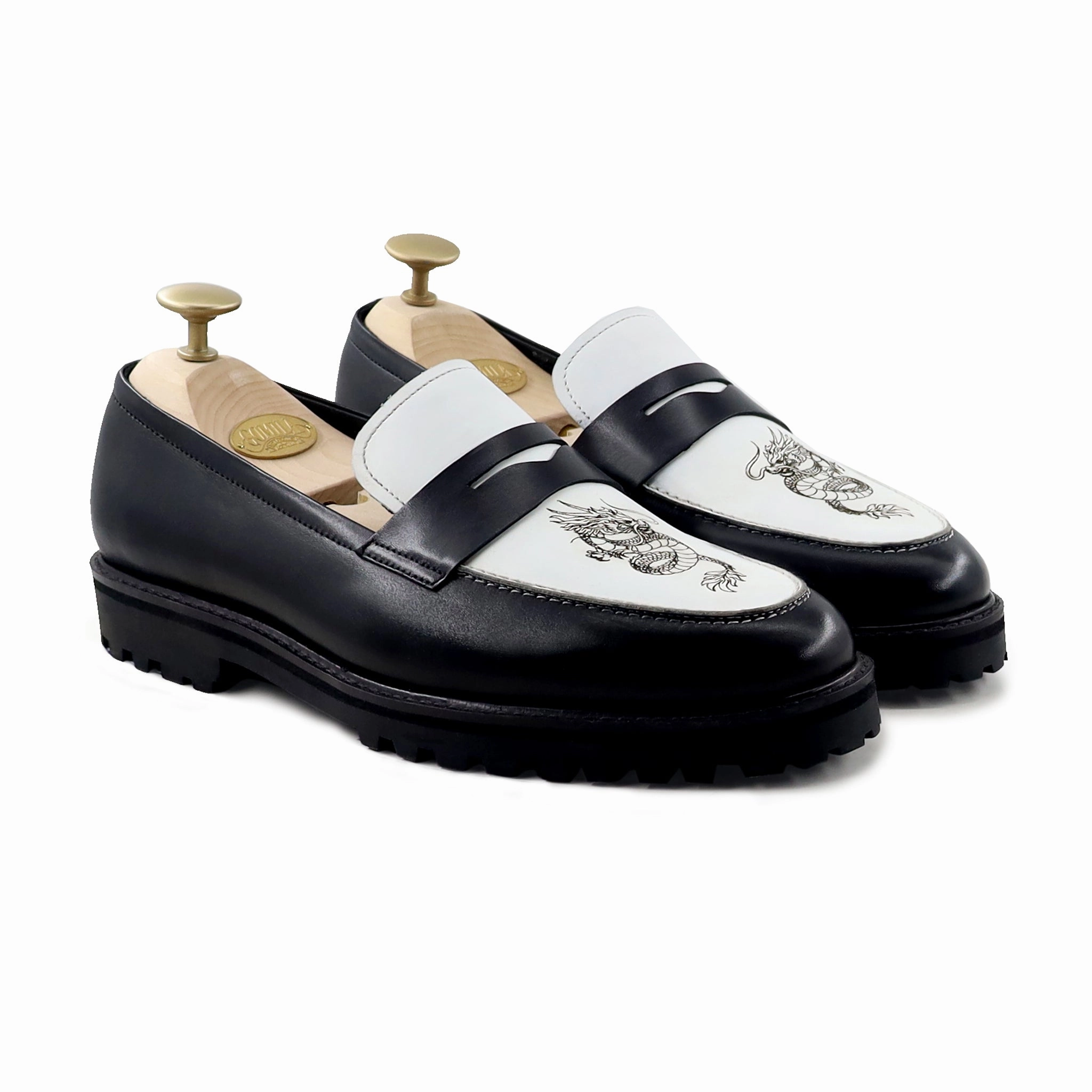 Hobart - Men's Black and White Calf Leather Loafer (Dragon Edition) Ladies Platform Loafers