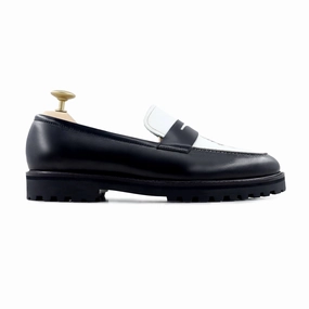 Hobart - Men's Black and White Calf Leather Loafer (Dragon Edition) Wide Penny Loafers