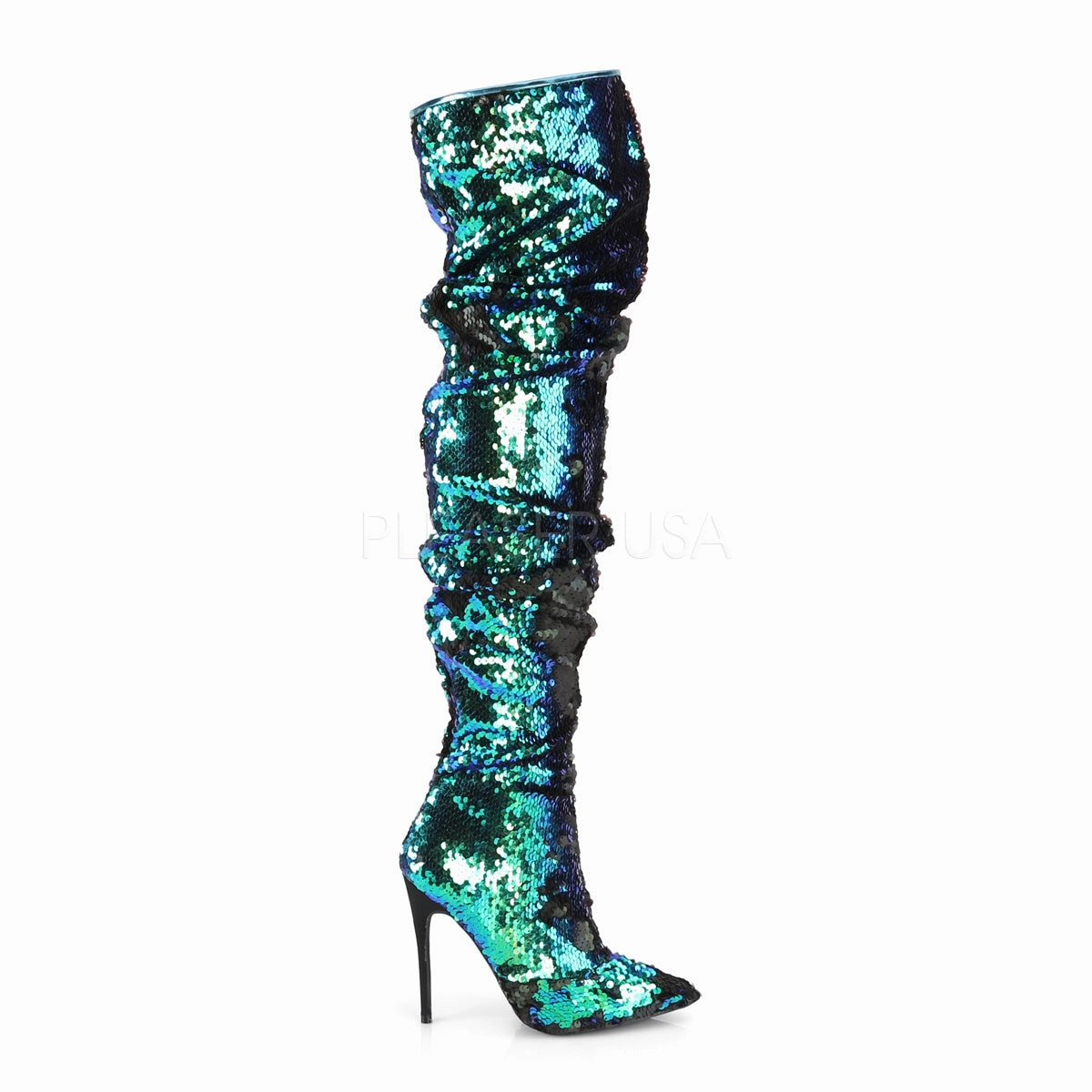 Leather Knee High Sock Boots 5 Inch Heel COURTLY-3011 Green Sequins