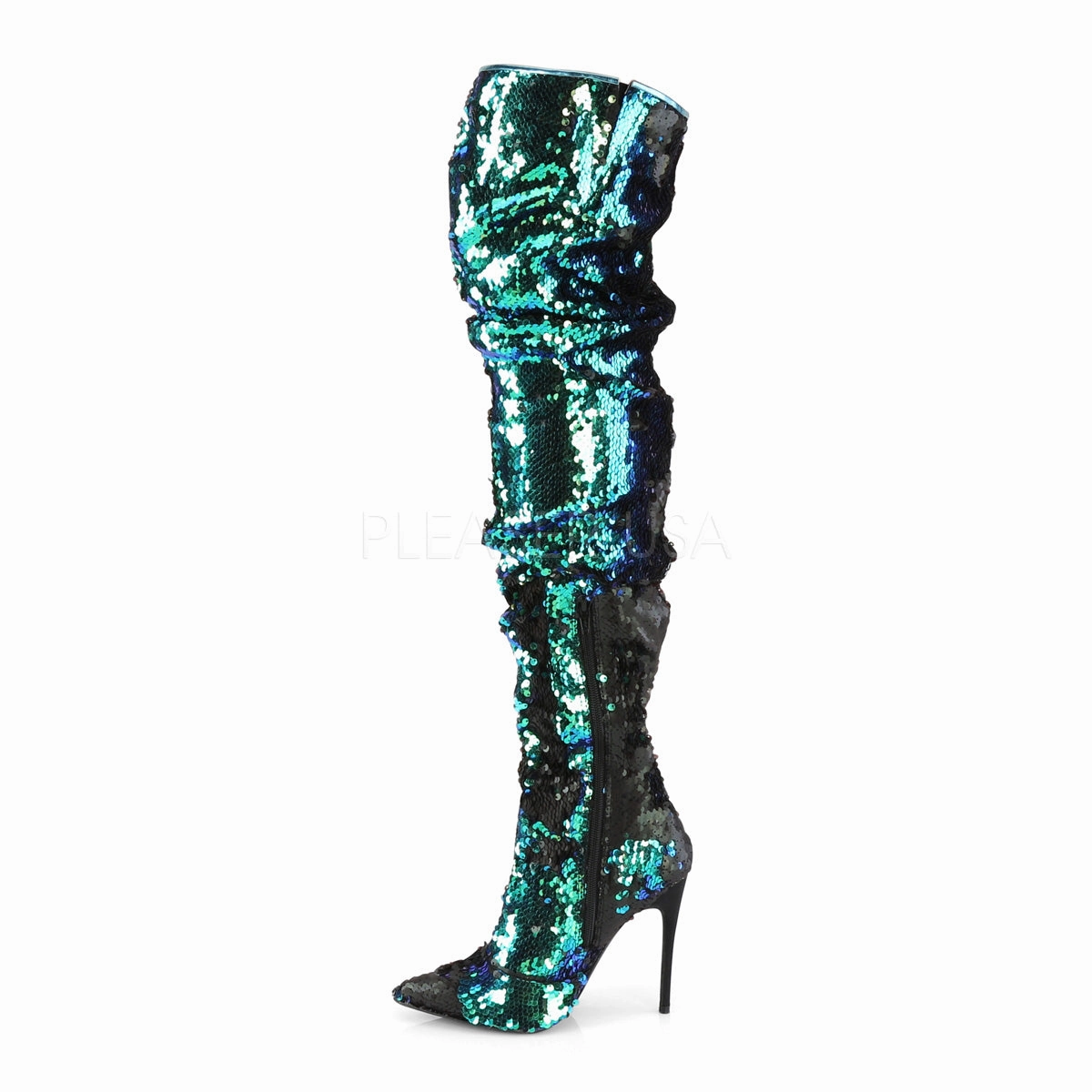 5 Inch Heel COURTLY-3011 Green Sequins Extra Wide Knee High Boots