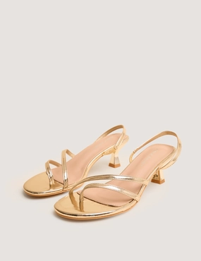 Boobs And Heels Helios Gold Mirror Pu Asymmetric Toe Strap Sling Back Mid Heels