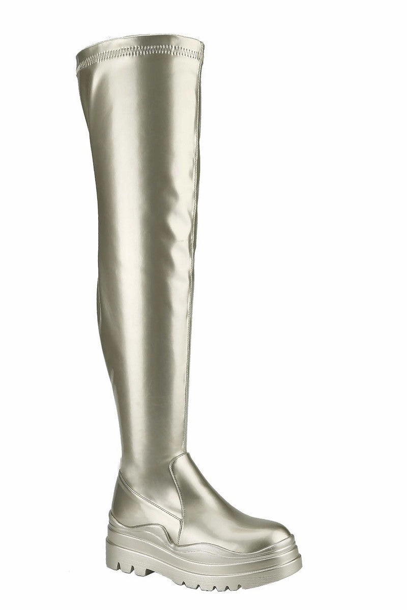 CITY-2 Gold Chunky Heeled Boots Knee High