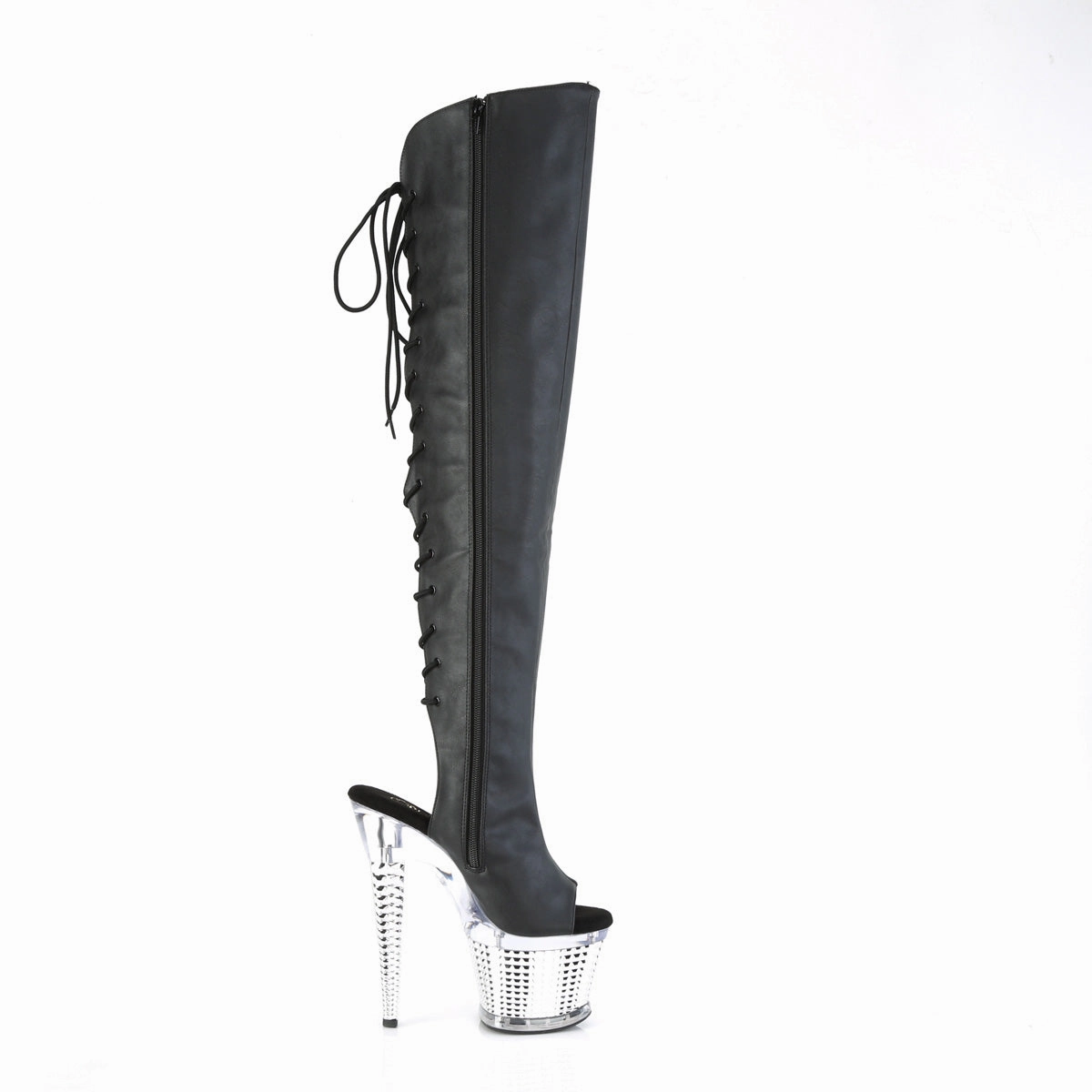 7 Inch Heel SPECTATOR-3019 Black Pu-Silver Chrome Top Knee High Boots