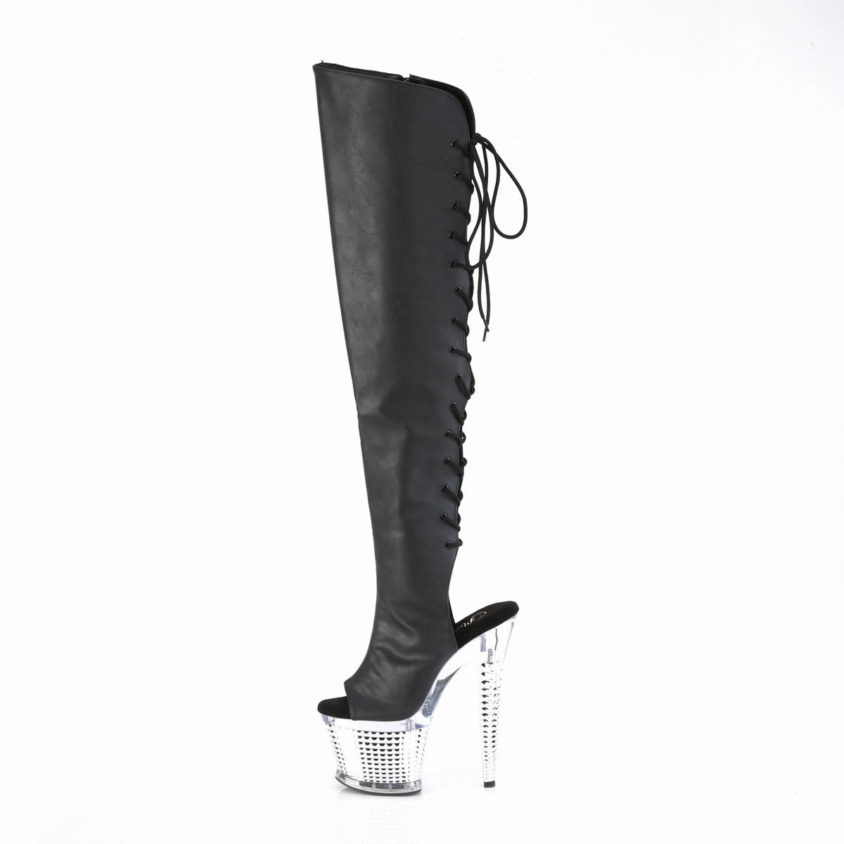 7 Inch Heel SPECTATOR-3019 Black Pu-Silver Chrome Plus Size Knee High Combat Boots