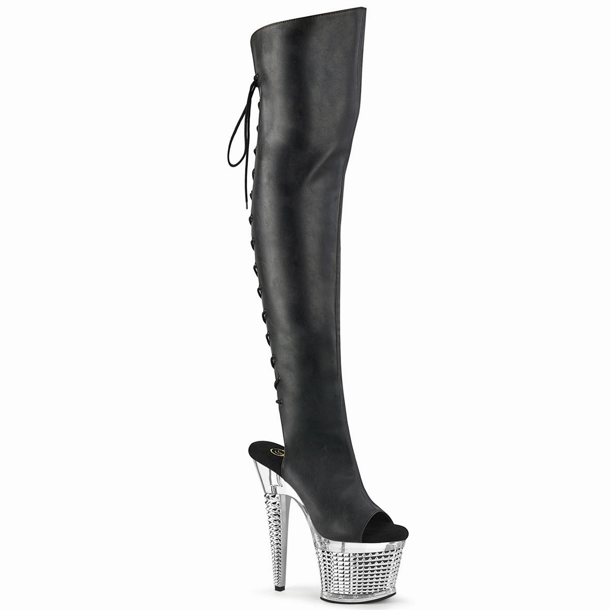 Knee High Boots Shop 7 Inch Heel SPECTATOR-3019 Black Pu-Silver Chrome