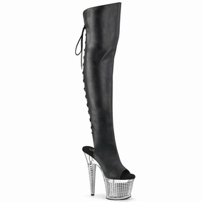 7 Inch Heel SPECTATOR-3019 Black Pu-Silver Chrome Low Heel High Knee Boots