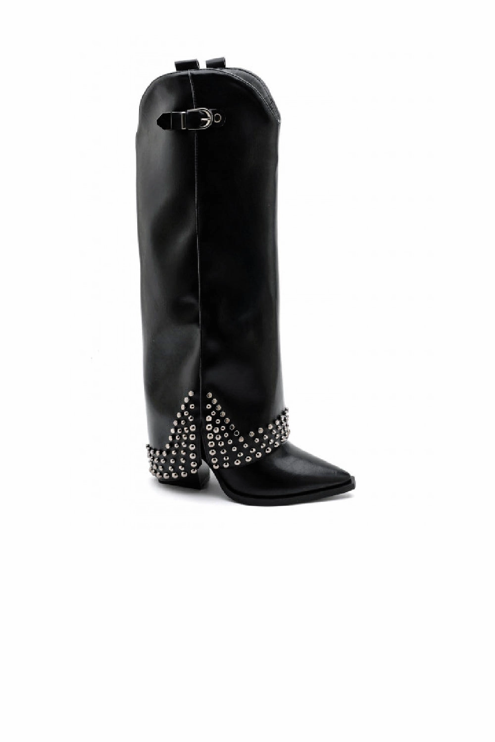 Are Knee High Boots In Style Fall 2024 BLACK PU KNEE HIGH BUCKLE DETAIL STUDDED COWBOY WESTERN SHARK BOOTS