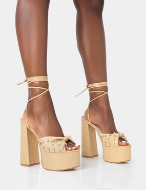 Crete Raffia Diamante Twist Strap Lace Up Platform Block Heels High Heel Shoe Liners