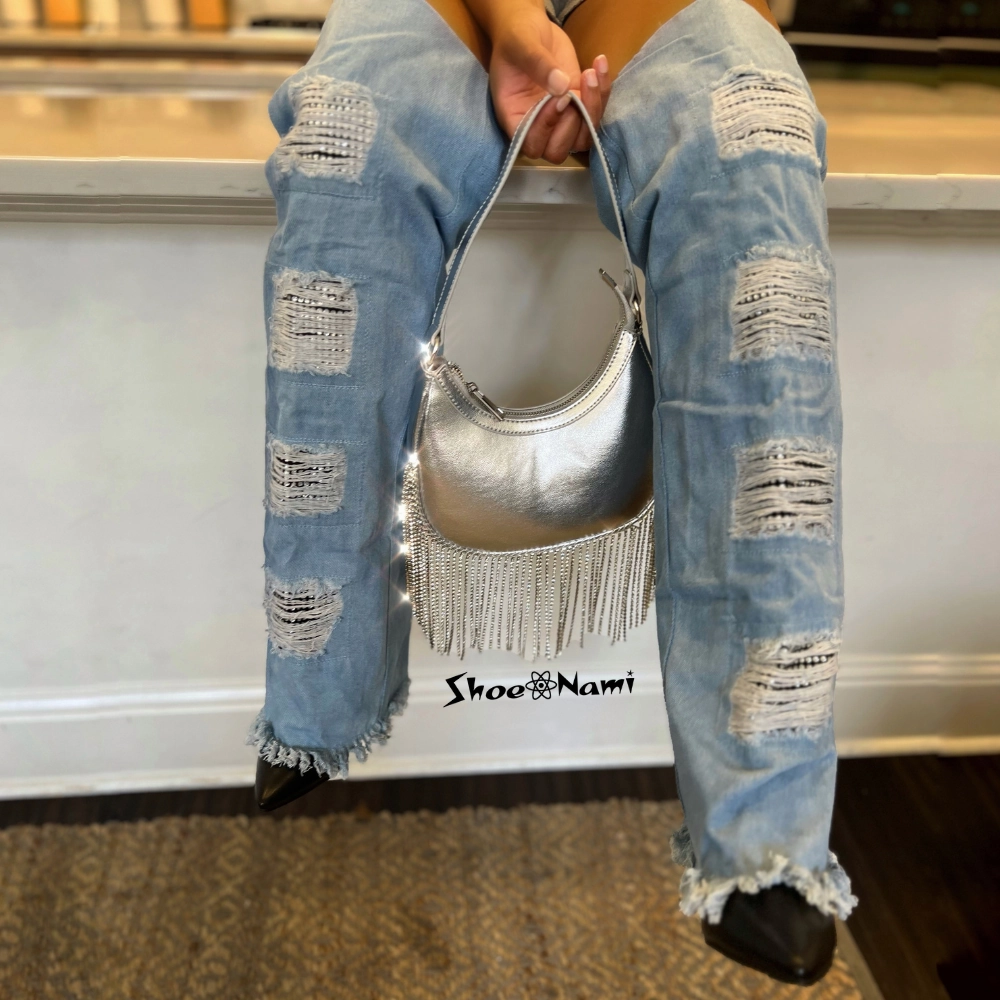 CUBININ Black/Denim Flat Over The Knee High Boots