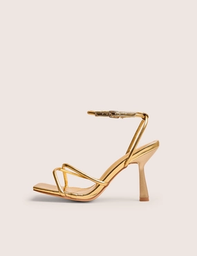 Bikinis And High Heels Bree Gold PU Wide Fit Barely There Square Toe Mid Stiletto Heels