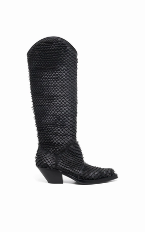Brown Wide Calf Boots Capitana Cowboy Boot in Black Leather Snake Scales