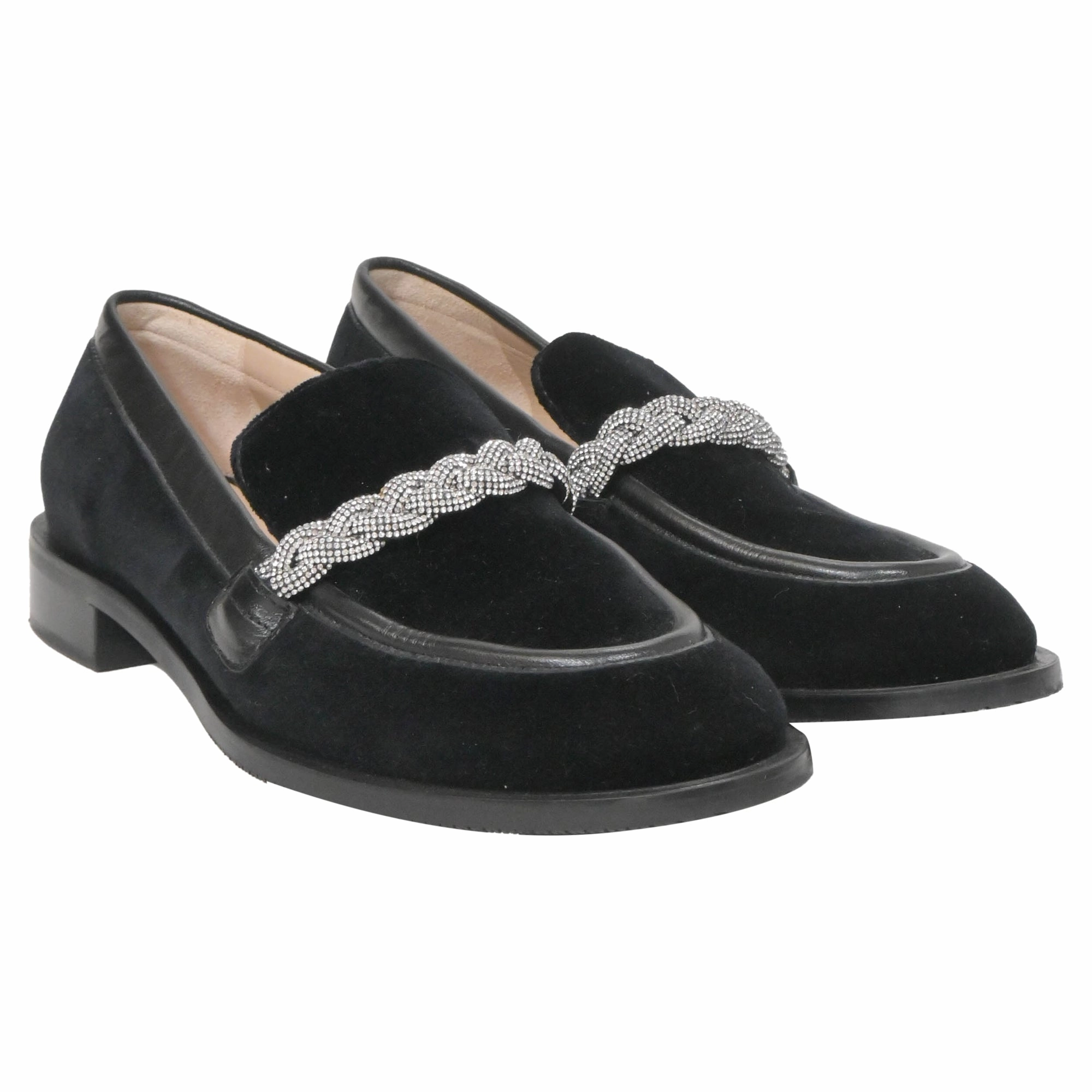 Leather Loafers Women Stuart Weitzman Crystal-Embellished Chain-Link Loafers in Black Suede