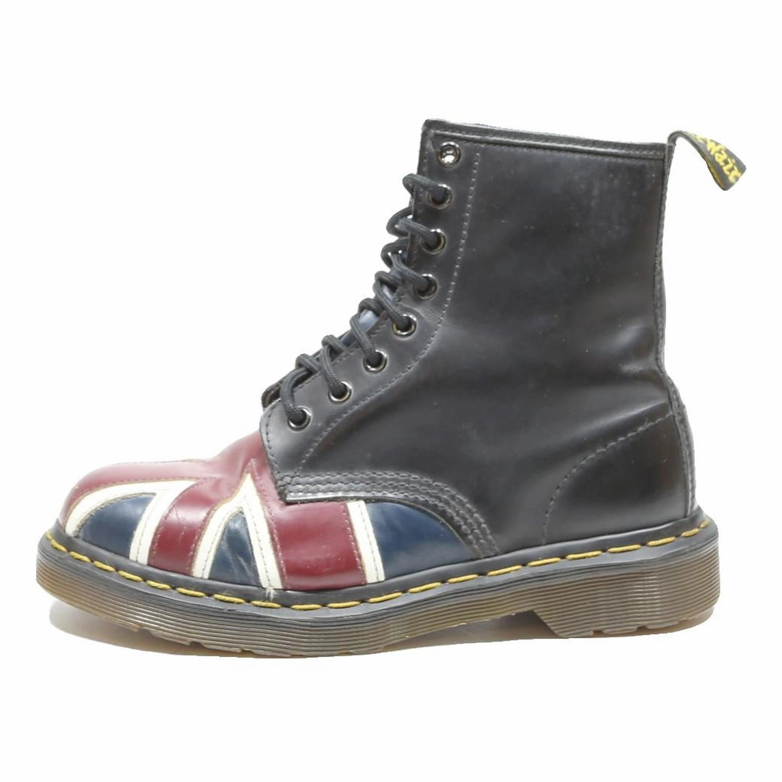 White Mountain Boots DR MARTENS 1460 Womens Leather Biker Boots Black Union Jack UK 5 Iconic Stitched