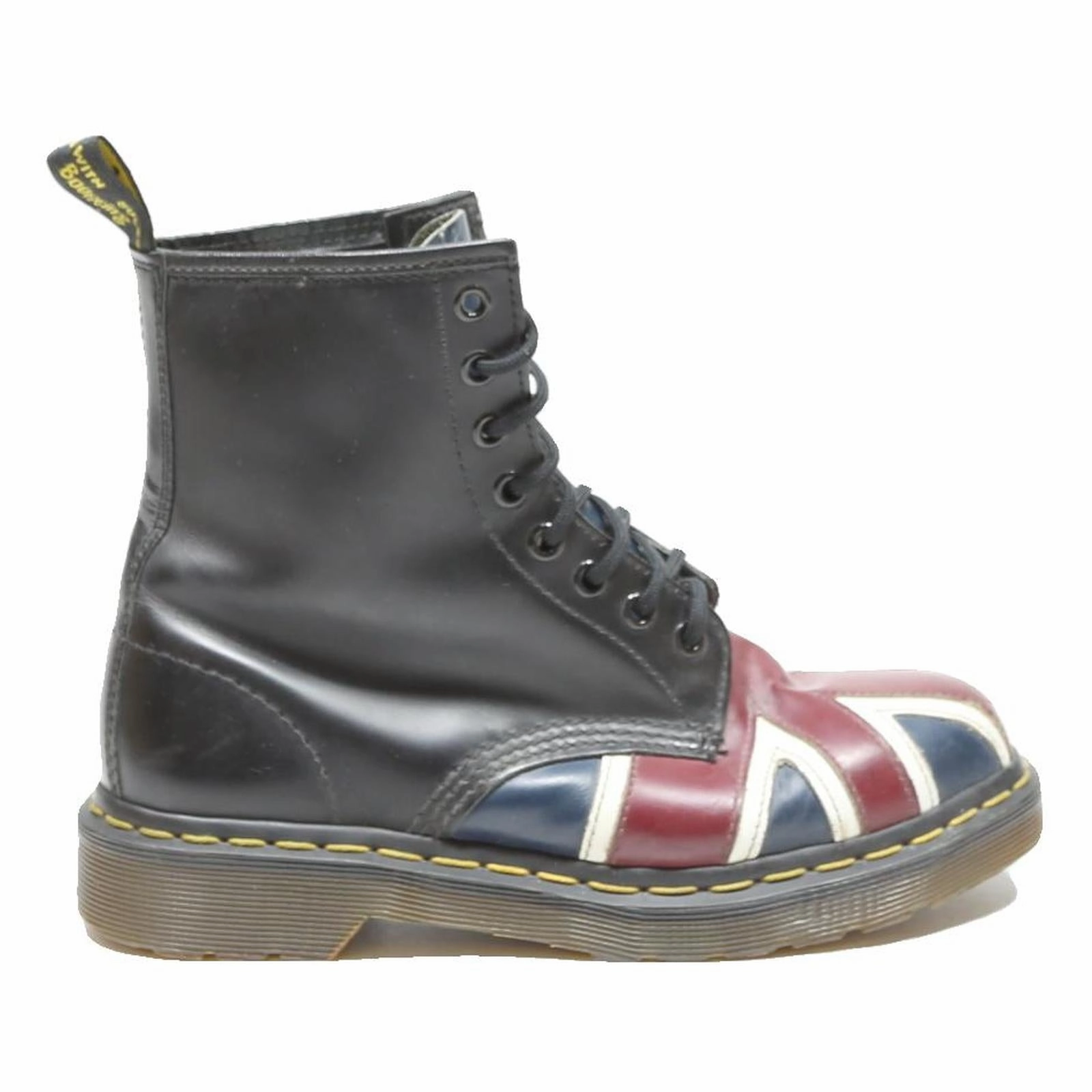 DR MARTENS 1460 Womens Leather Biker Boots Black Union Jack UK 5 Iconic Stitched Lightweight Trekking Boots