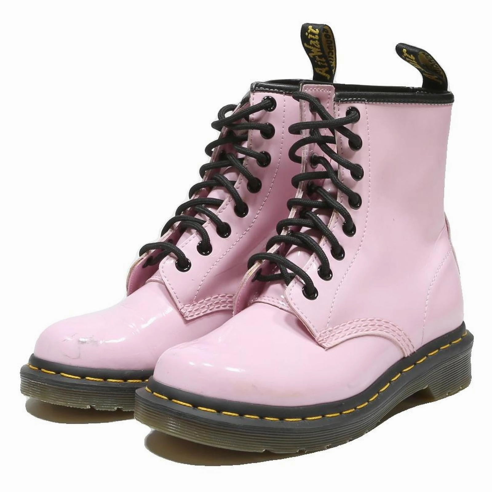 DR MARTENS Womens Lace-Up Combat Boots Pink Leather UK 4 Glossy Finish Combat Tall Boots