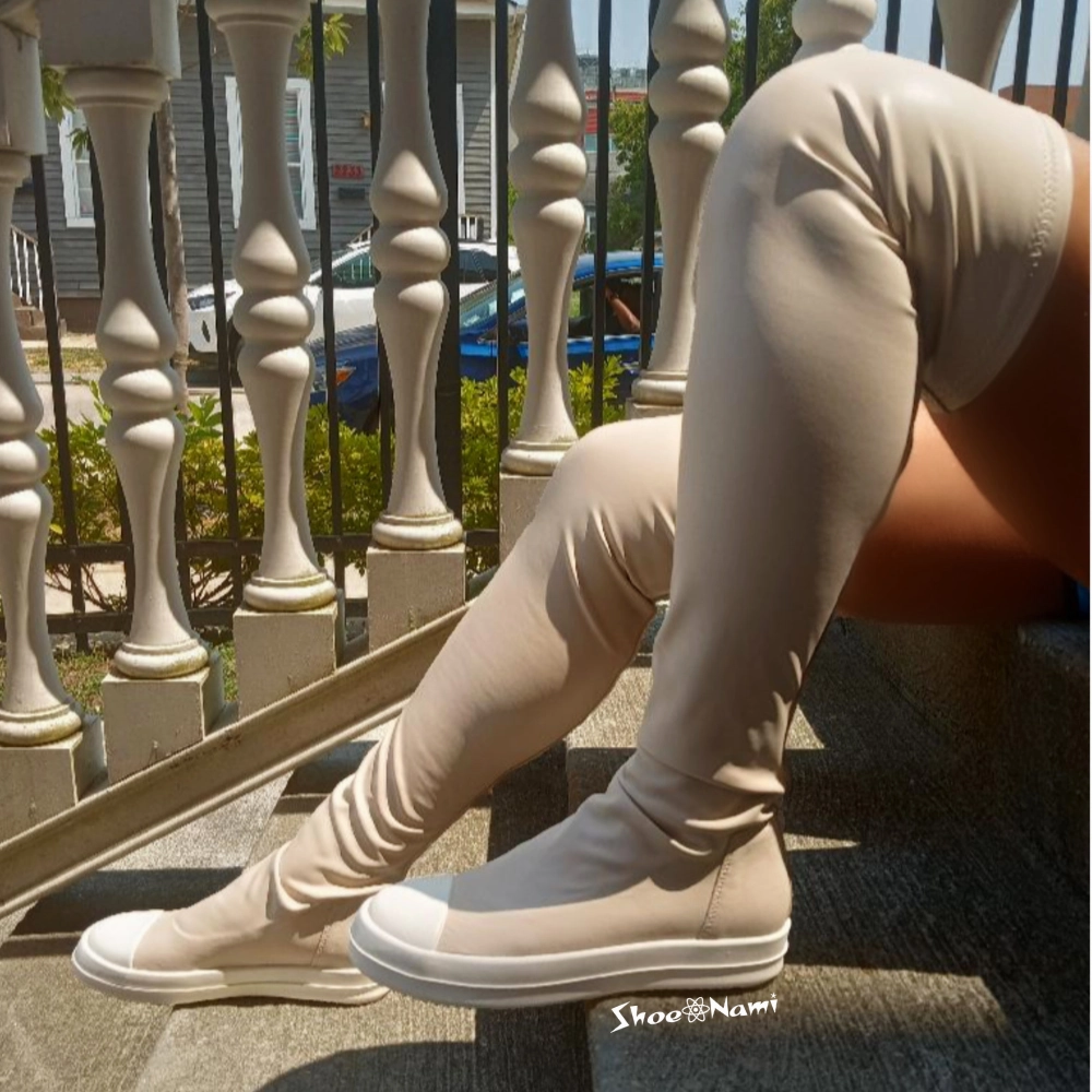 WANNABE-1 Cream Genuine Suede Knee High Boots