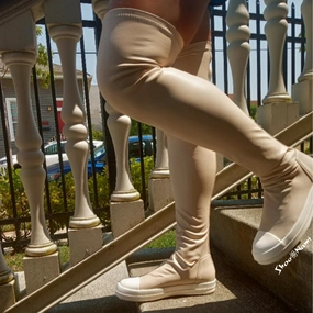 WANNABE-1 Cream 18 Inch Circumference Knee High Boots