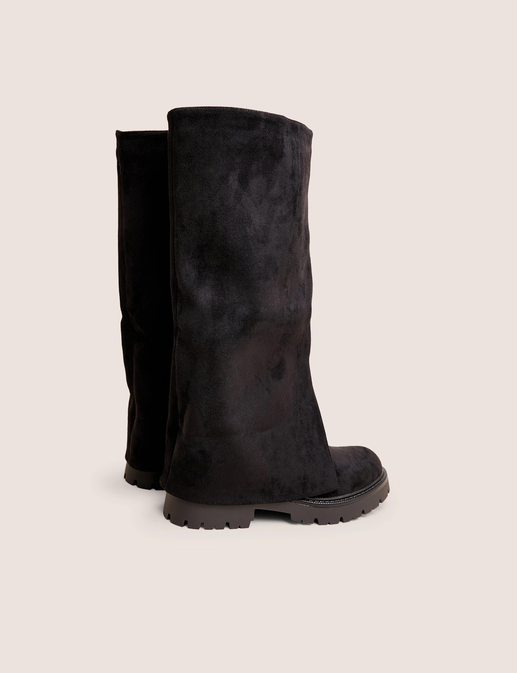 Dusty Black Chunky Sole Faux Suede Fold Over Boots Knee High Almond Toe Boots