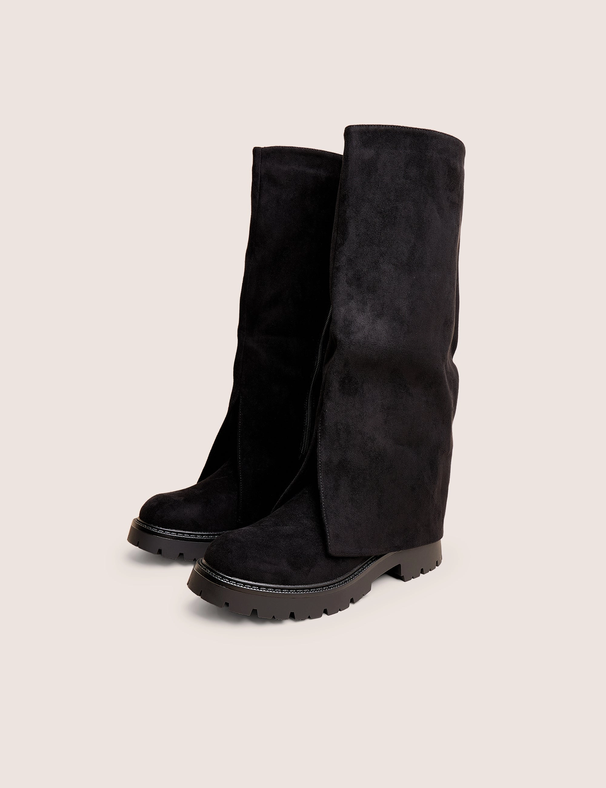 Dusty Black Chunky Sole Faux Suede Fold Over Boots Fur Boots Knee High