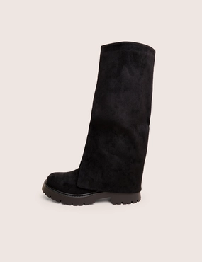 Knee High Boots With Zip Up The Back Dusty Black Chunky Sole Faux Suede Fold Over Boots