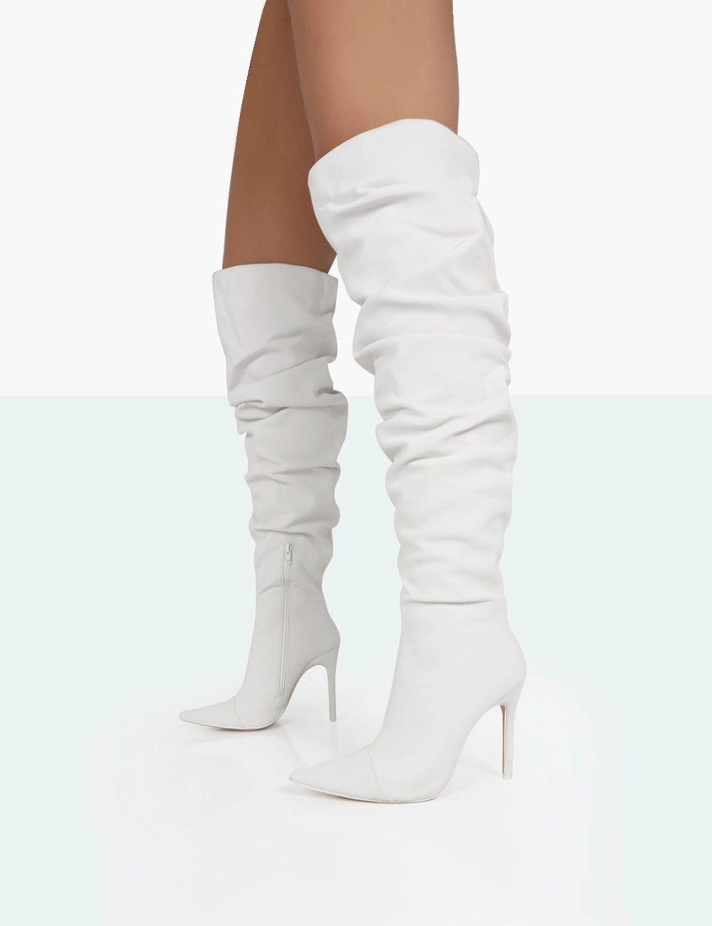 Brown Knee-high Boots Lariza Off White Faux Suede Pointed Toe Stiletto Over the Knee Boots