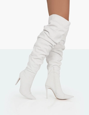 Knee High Boots Round Toe Lariza Off White Faux Suede Pointed Toe Stiletto Over the Knee Boots
