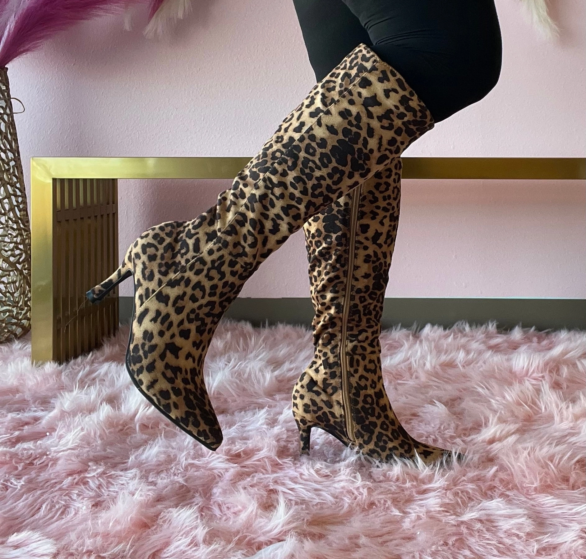 KAYLEE-1 Leopard Print Faux Suede Knee-High Boot Knee High Boots Singapore