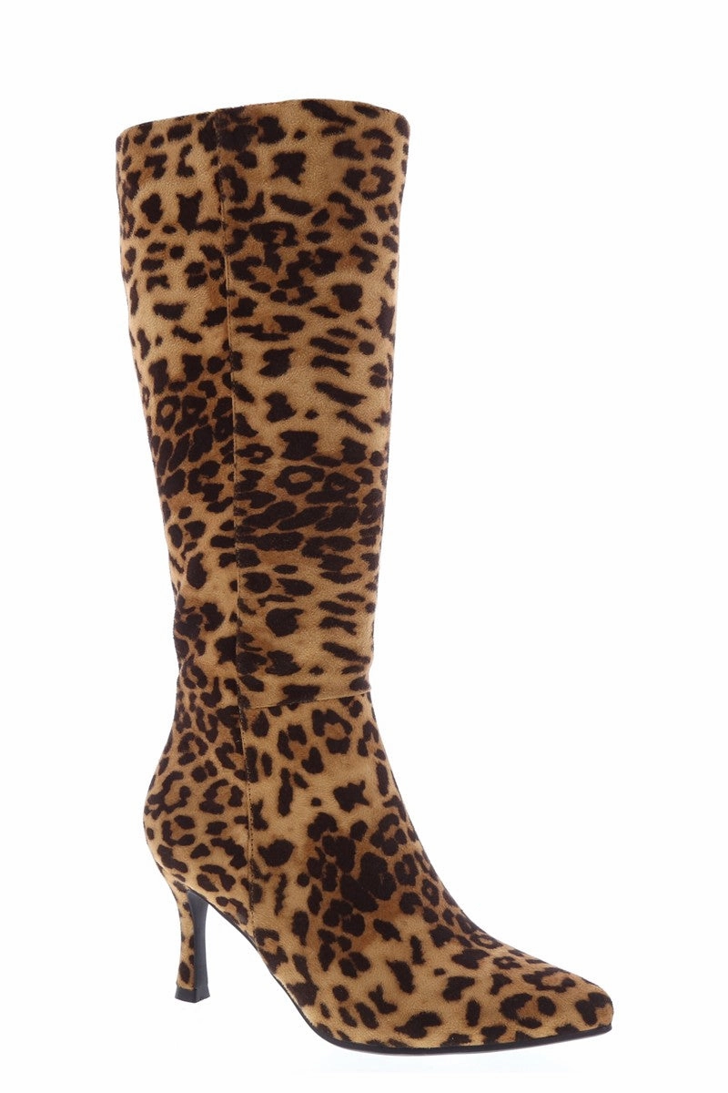 Pointed-toe Kitten-heel Knee-high Dress Boots KAYLEE-1 Leopard Print Faux Suede Knee-High Boot