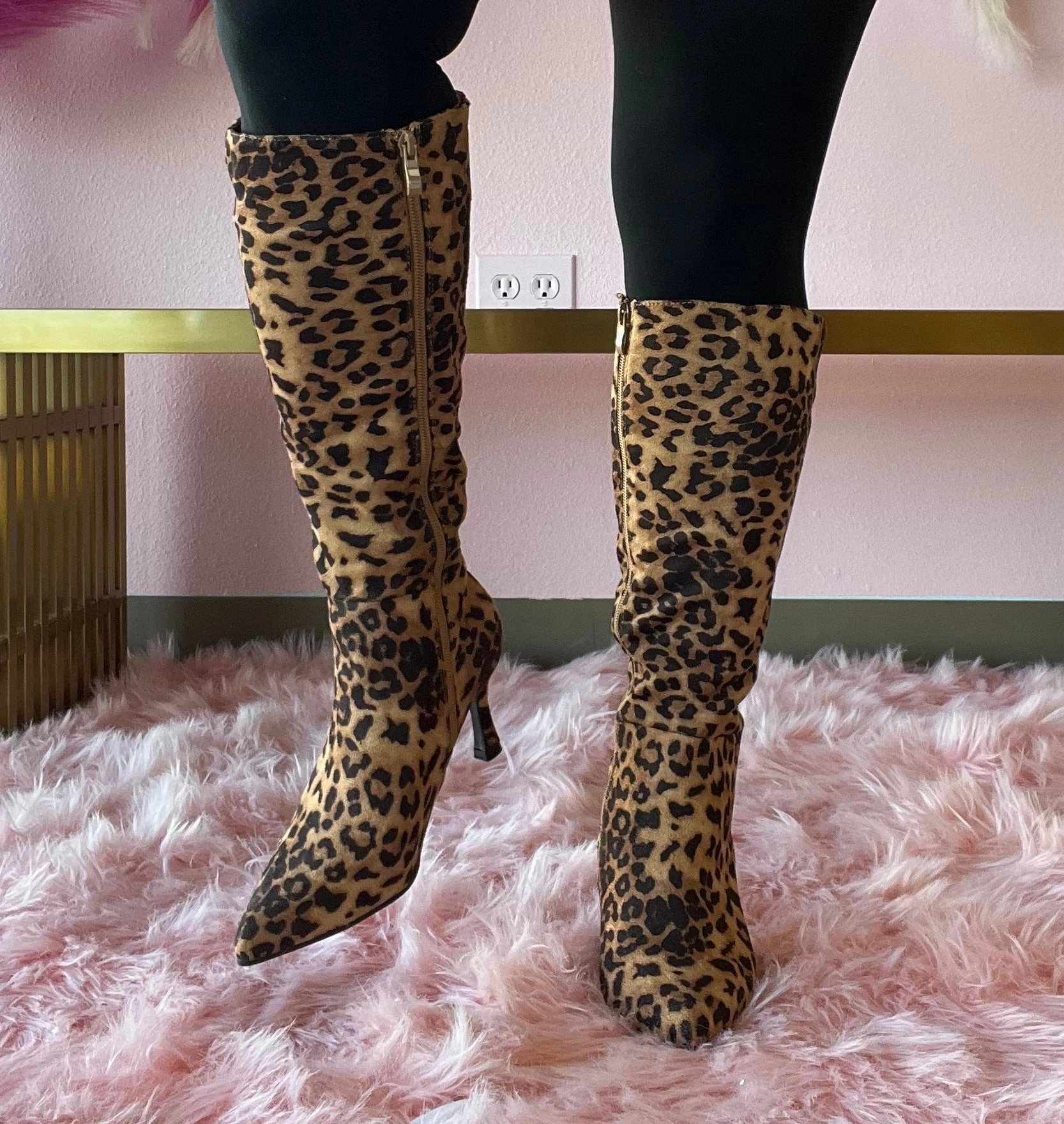 Knee High Boots Thin KAYLEE-1 Leopard Print Faux Suede Knee-High Boot
