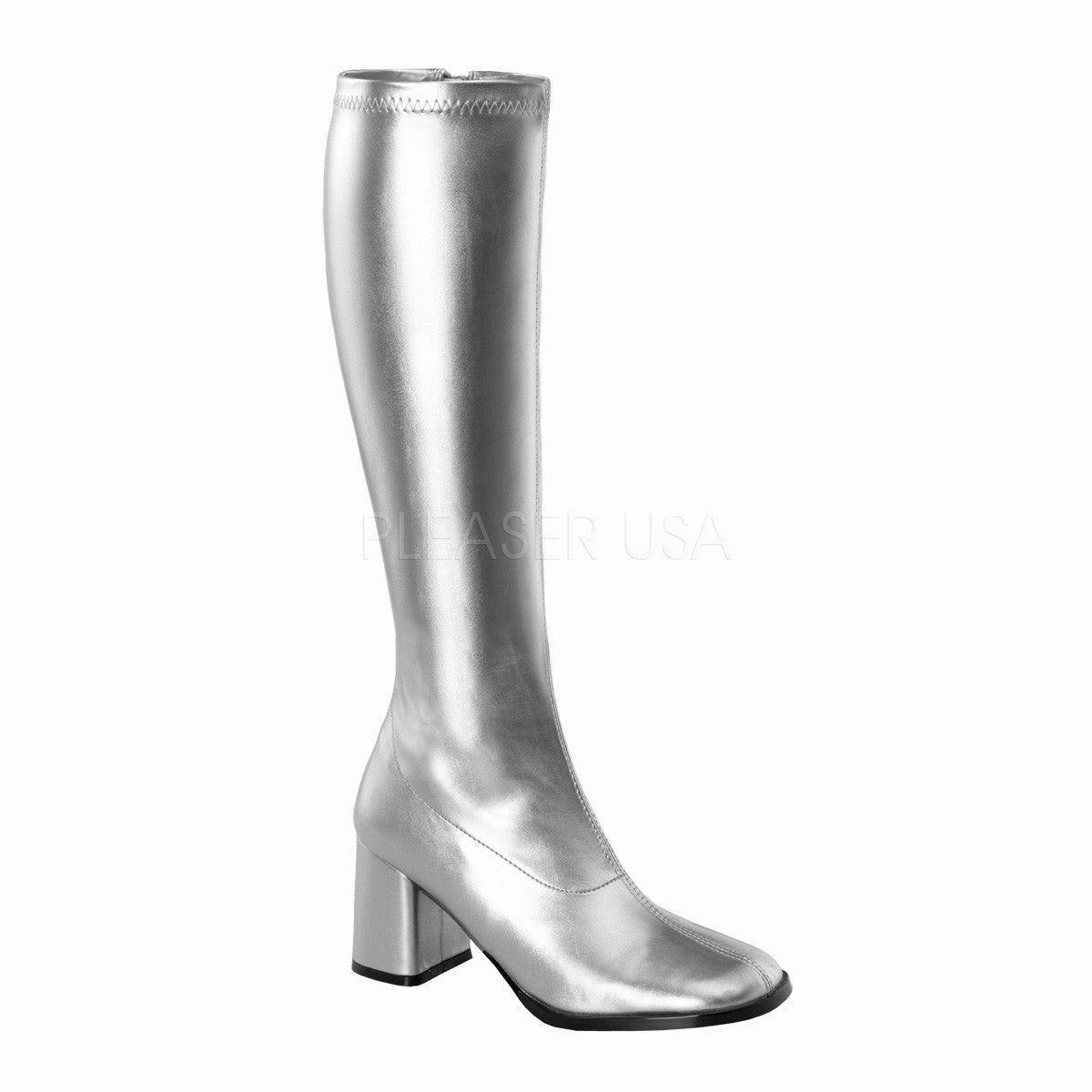 Knee High Riding Boots Wide Calf 3 Inch Heel GOGO-300 Silver Pu