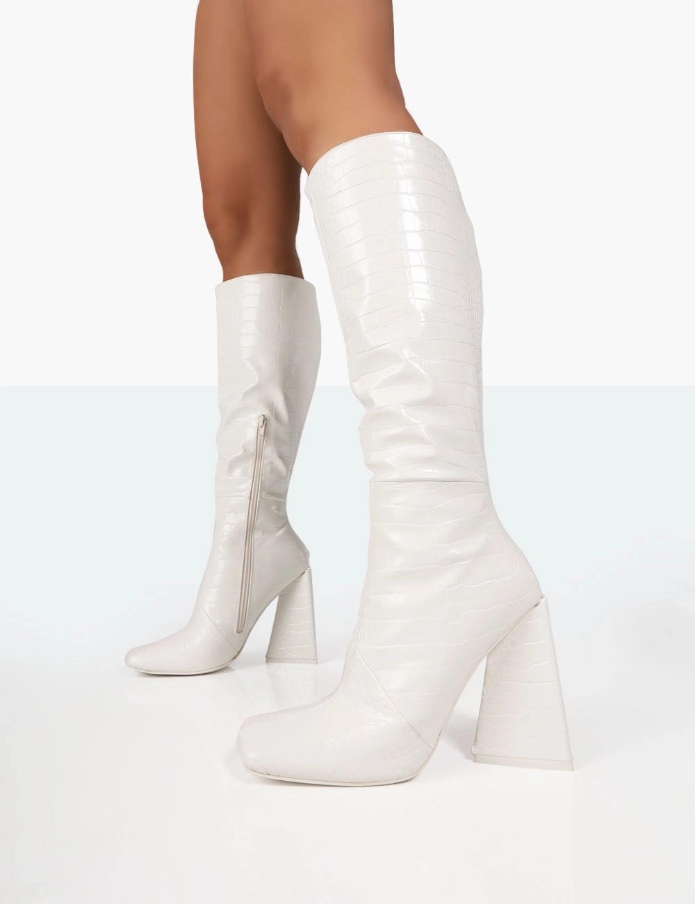 Ecru Knee High Boots Senna White Croc Pu Knee High Block Heel Boots