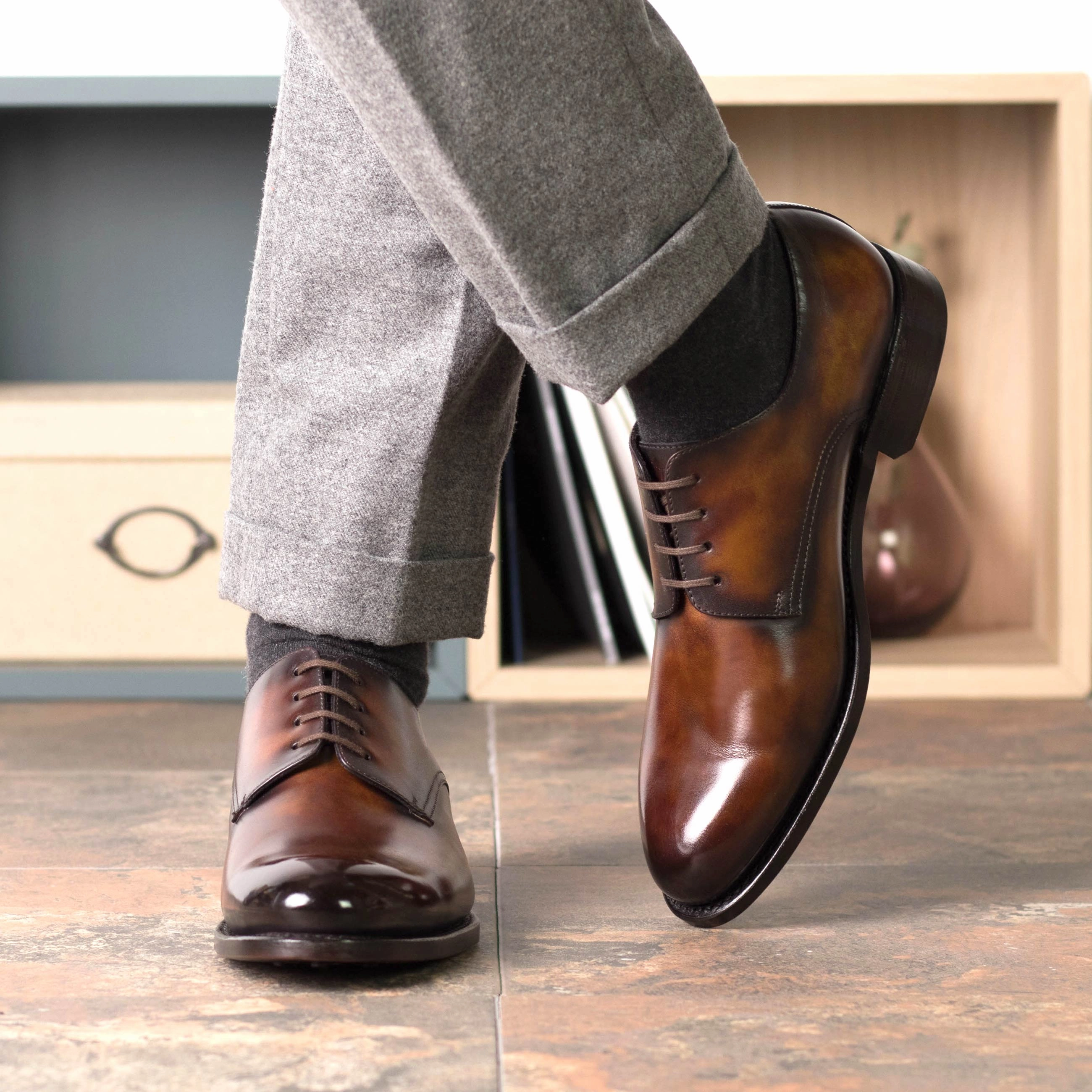 Fire Patina Leather Derby Shoes Lace Up School Shoes